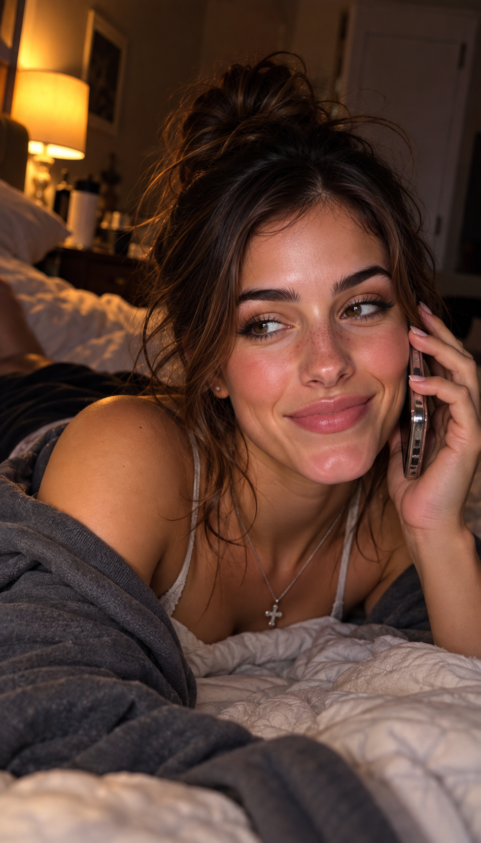 Elle Graci listening on the phone while relaxing under a blanket in a bedroom