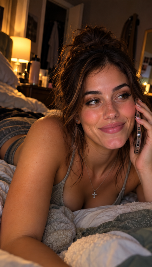 Elle Graci listening on a phone call while relaxing in a warmly lit bedroom