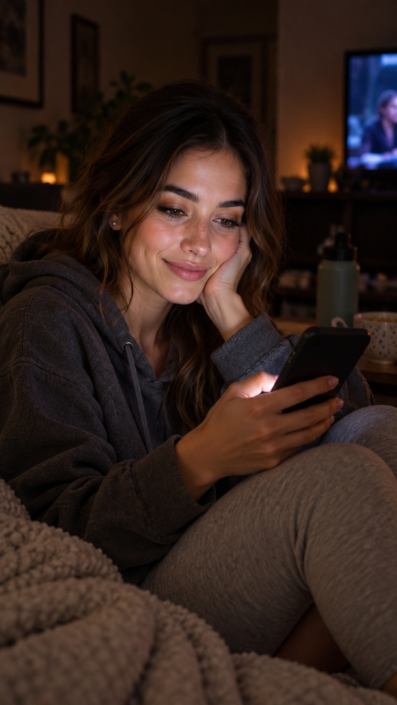Elle Graci smiling at her phone while relaxing on a couch at night