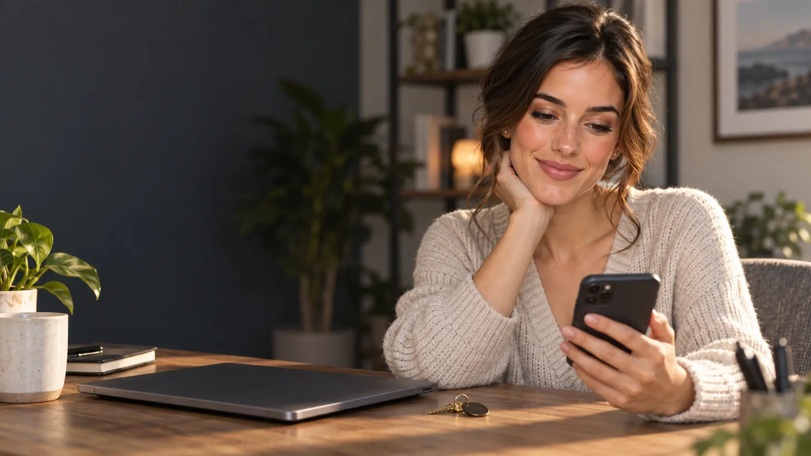 Elle Graci looking at her phone while seated at a desk