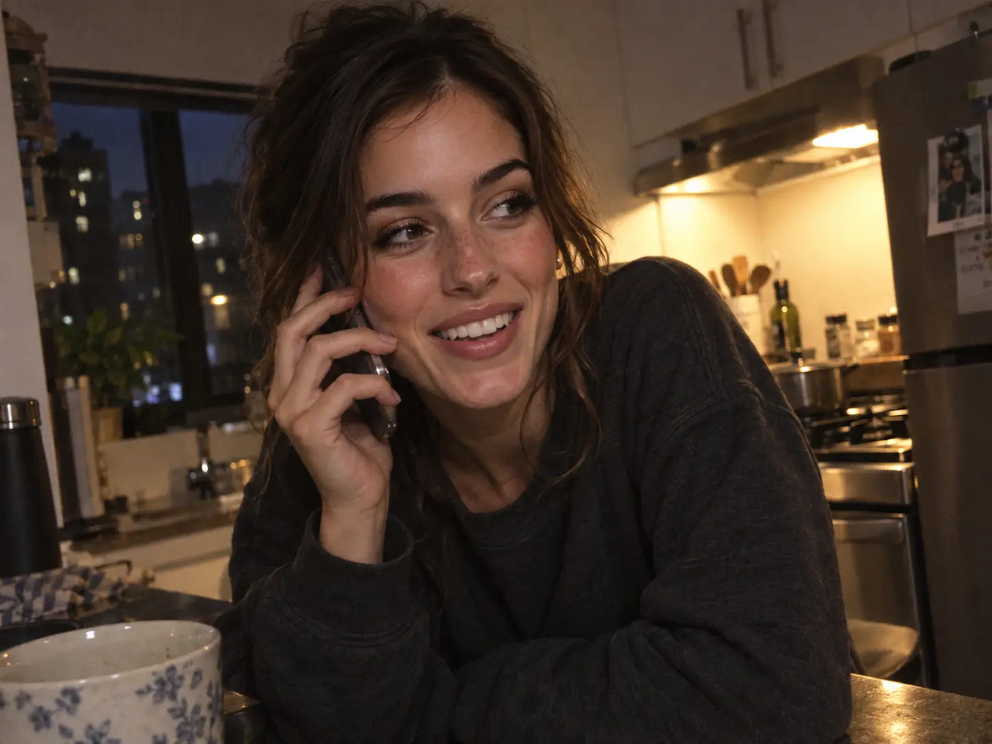 Elle Graci holding a phone during a candid nighttime call