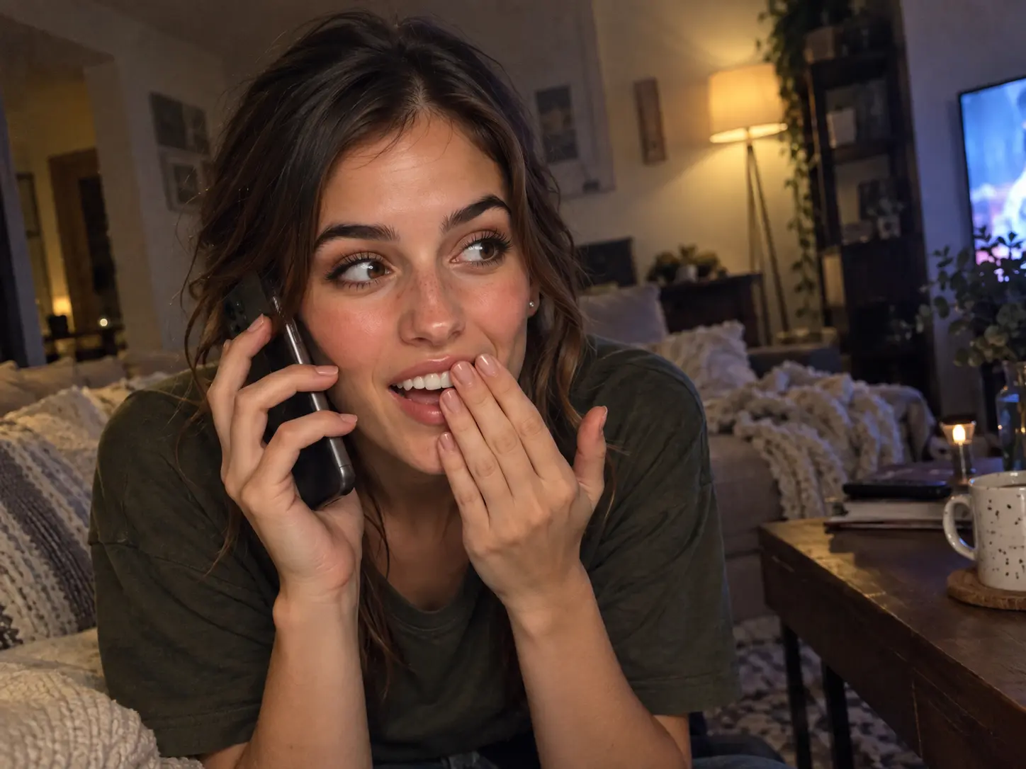 Elle Graci reacts with amused surprise during a phone conversation
