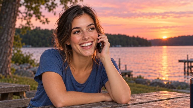 Elle Graci laughing on the phone beside a lake at sunset.