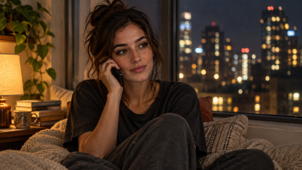 Elle Graci listening on the phone beside a city-view window late at night.
