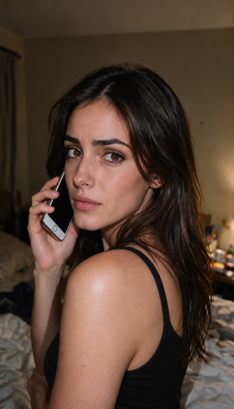 Elle Graci listening with concern during a phone call