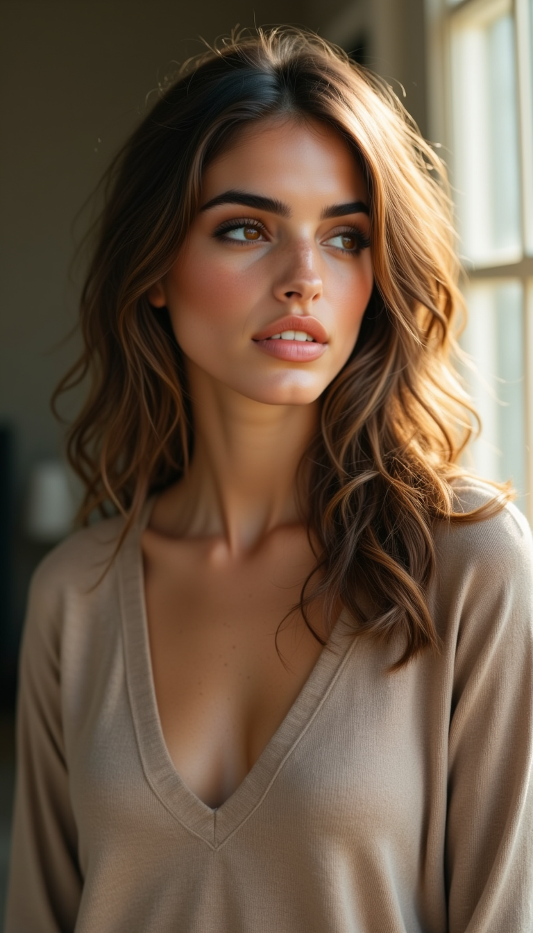 Elle Graci looking toward a sunlit window in a neutral top.