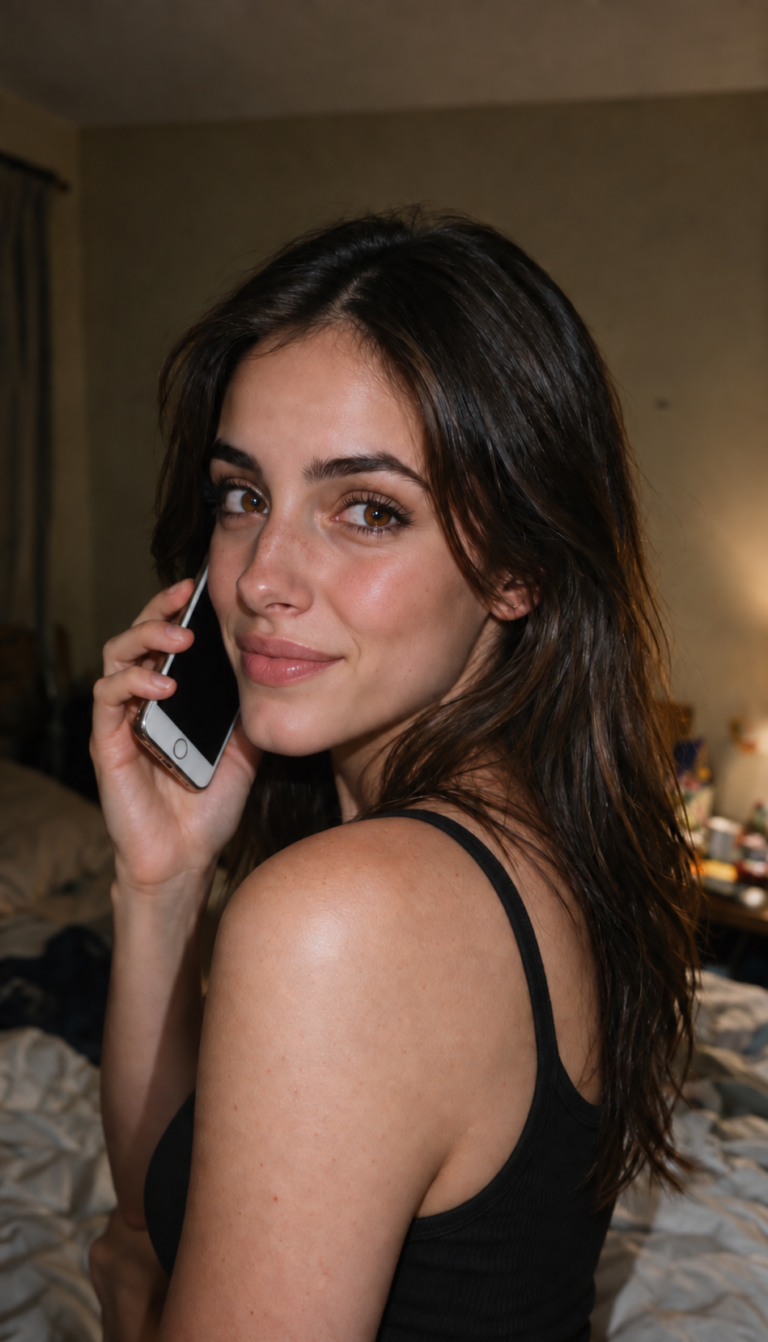 Elle Graci looking toward the camera while listening on a phone call