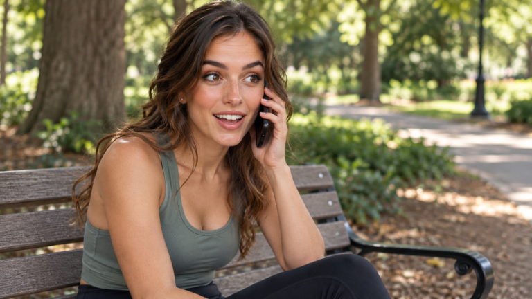 Elle Graci reacting with surprise during a phone call on a park bench.