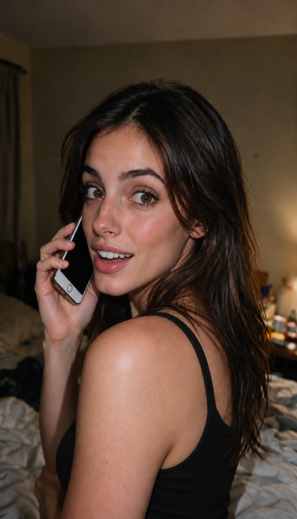 Elle Graci reacting with surprise during a phone call.