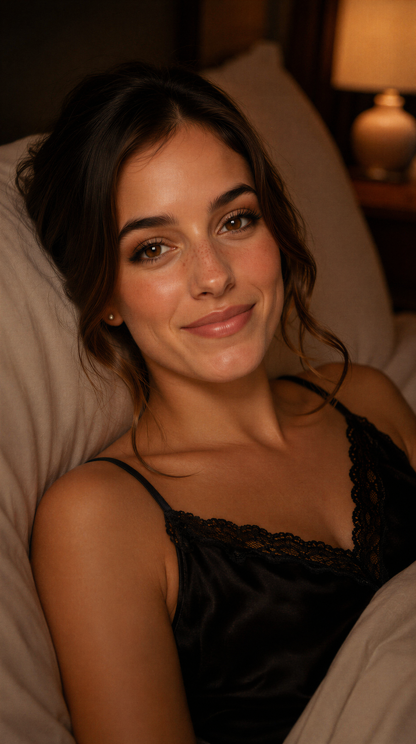 Elle Graci relaxing in bed in warm evening light.