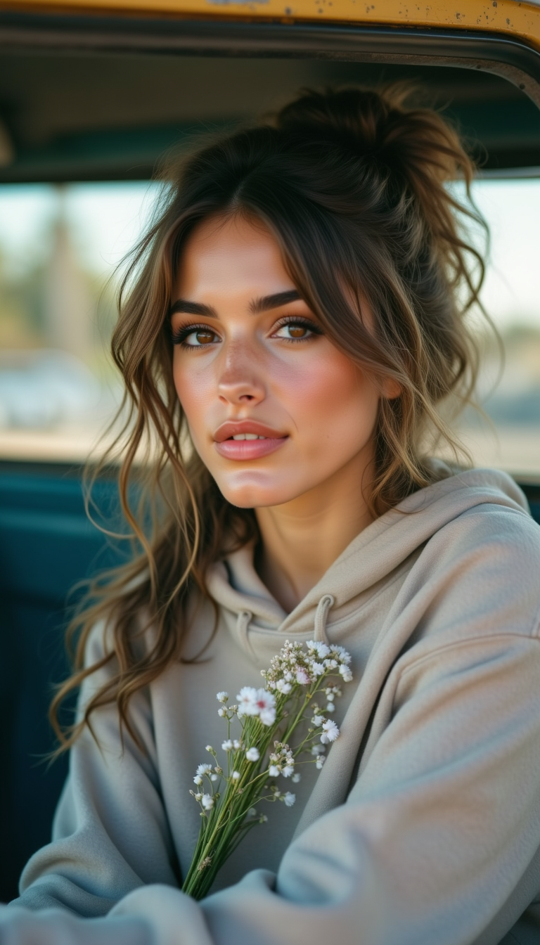 Elle Graci sitting in a car with a small bouquet of flowers.