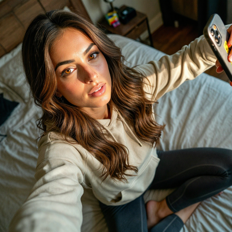 Elle Graci sitting on a bed and holding a smartphone at home.