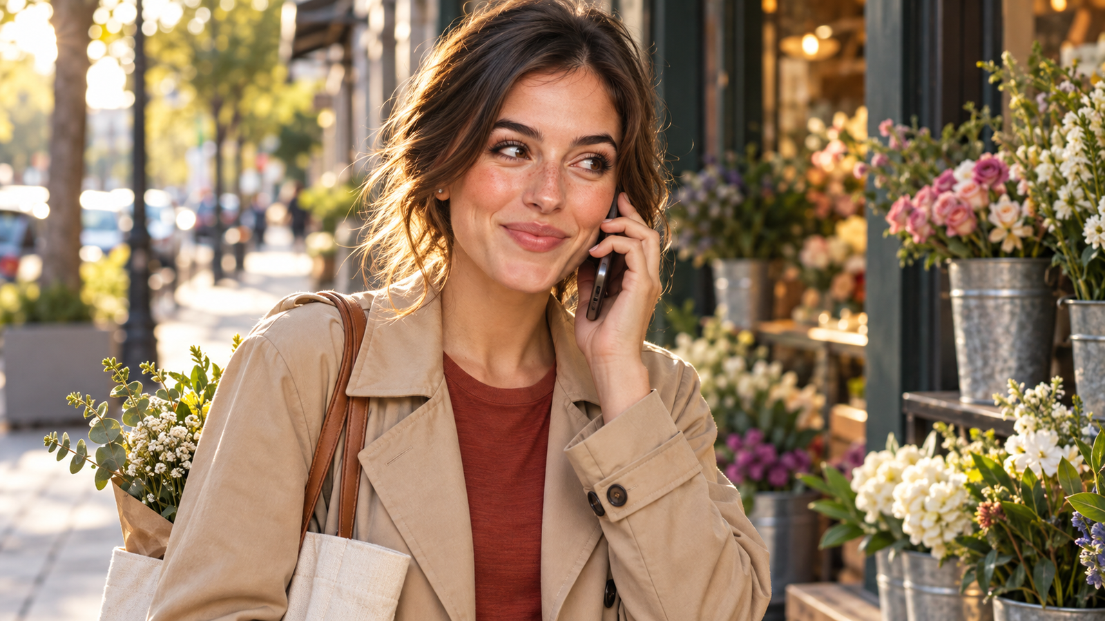Elle Graci smiling on the phone outside a flower shop in a trench coat.