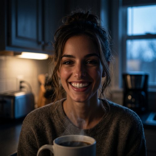 Elle Graci smiling over a mug of coffee in the kitchen.