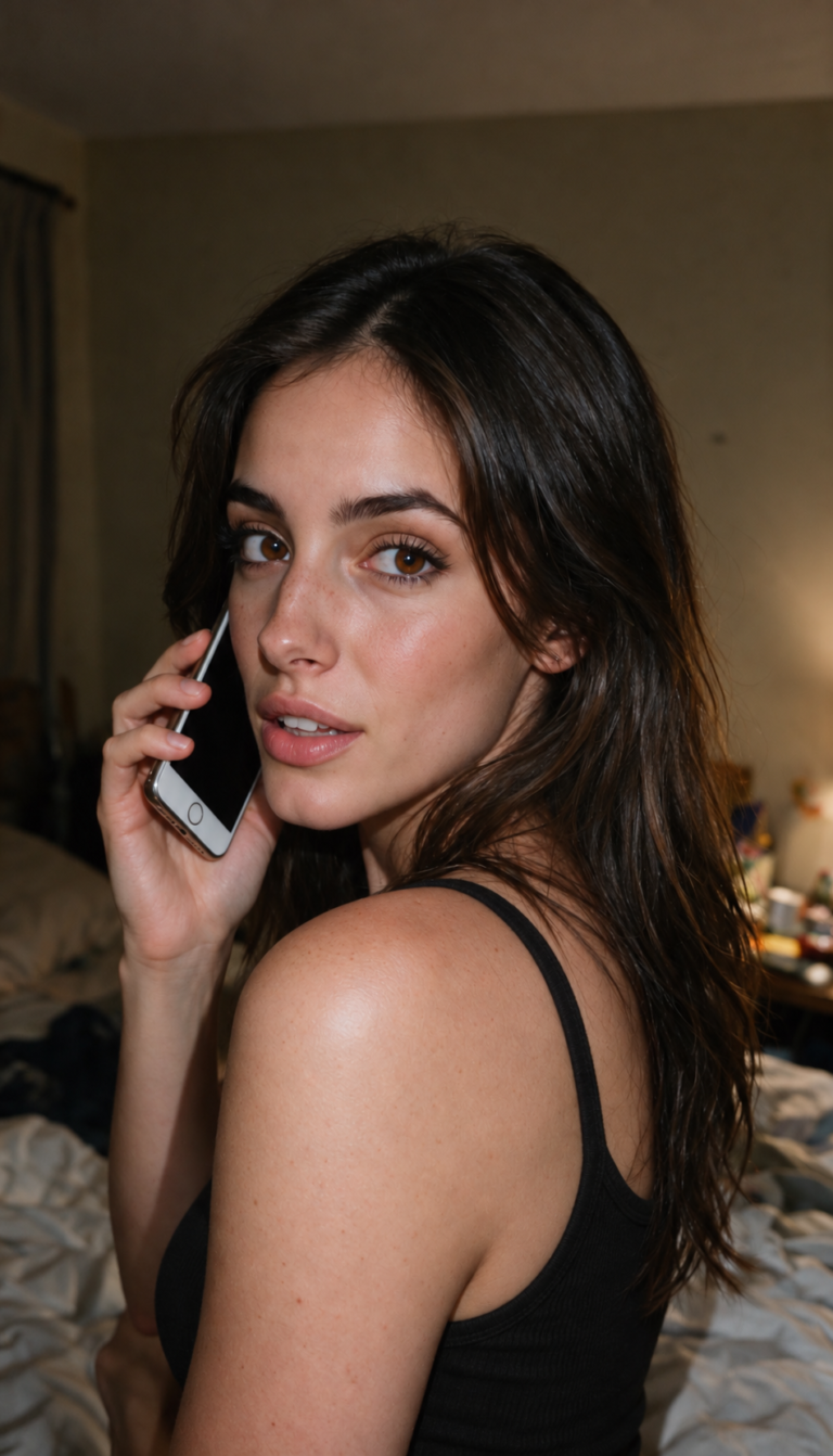 Elle Graci speaking while holding a phone.