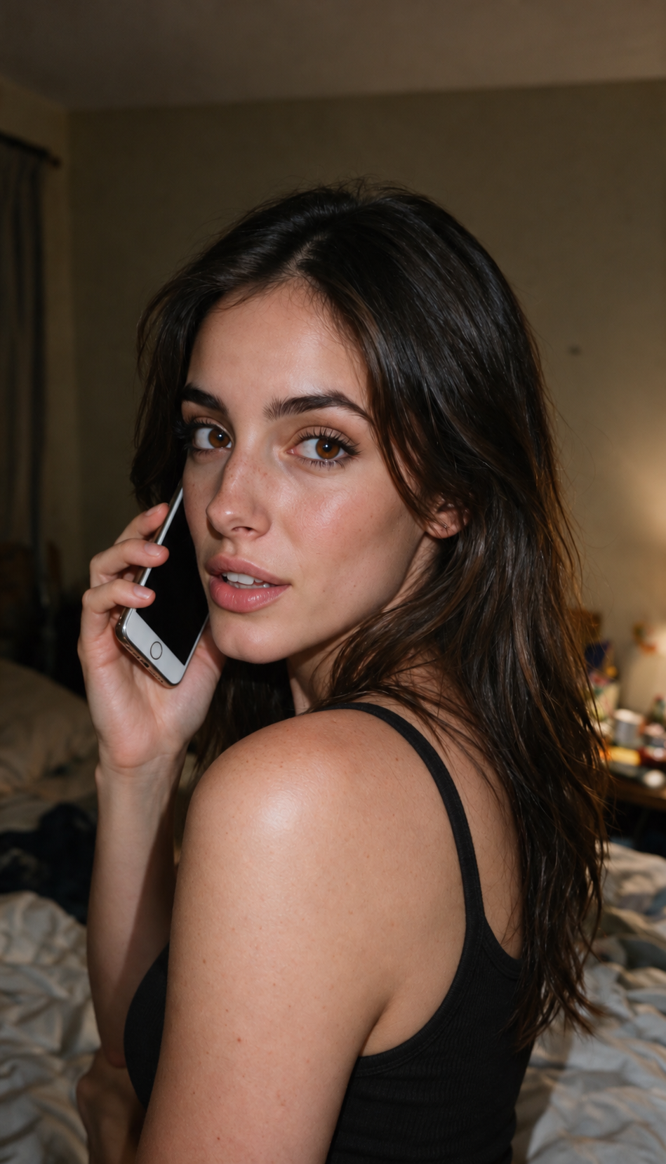 Elle Graci speaking while holding a phone.