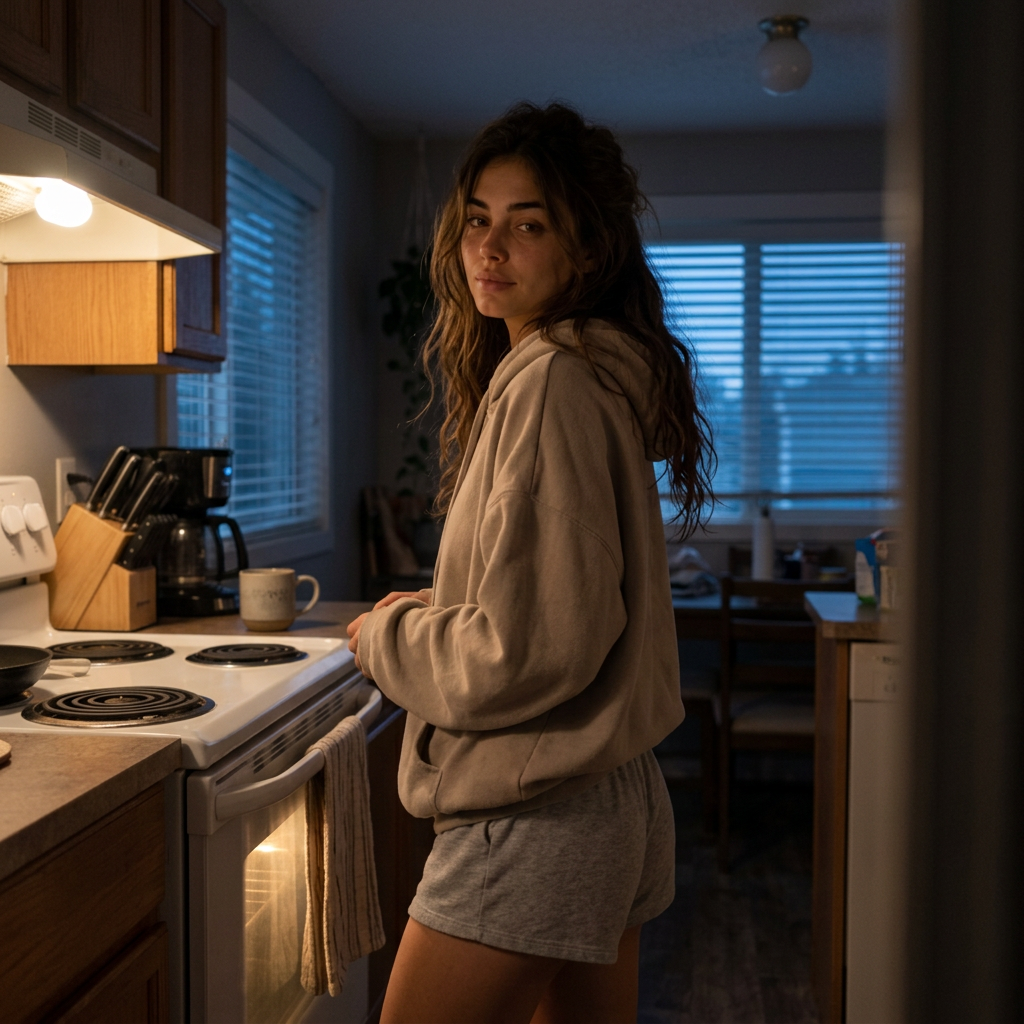 Elle Graci standing in a cozy kitchen beside a coffee mug.