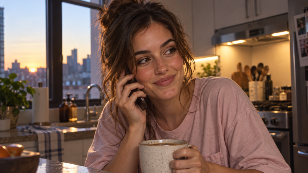 Elle Graci talking on the phone over coffee in her kitchen at sunrise.