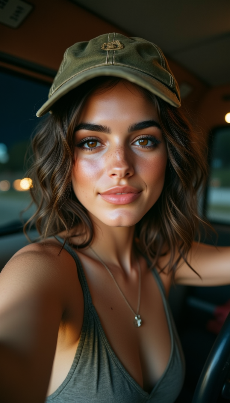 Elle Graci wearing a baseball cap while sitting in a car.