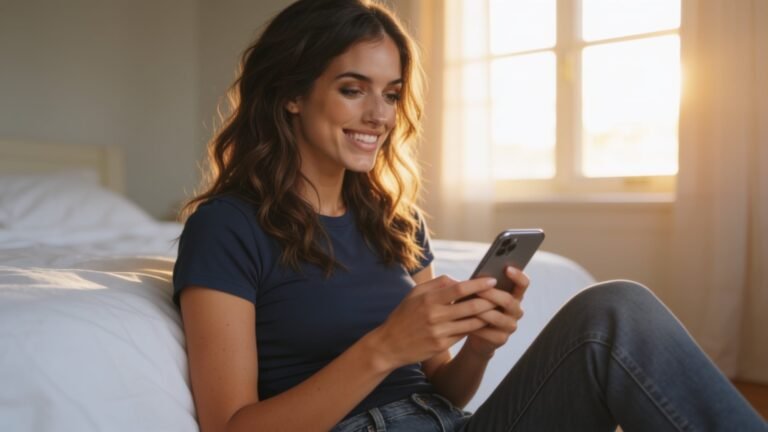 Elle Graci smiling at a message on her phone in a blue shirt