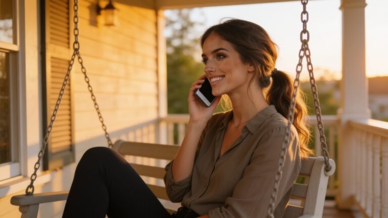 Elle Graci talking on her phone while sitting on a porch swing