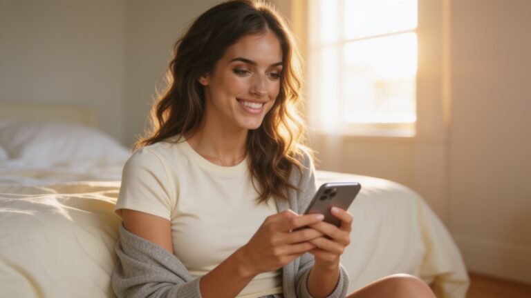 Elle Graci reading her phone in a white shirt on a bed